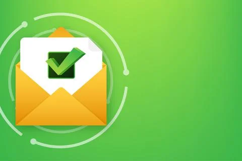 Opened envelope and document with green check mark. Verification email. Vector Ilustración de archivo