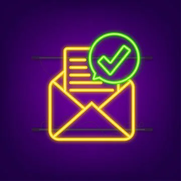 Opened envelope and document with green check mark. Neon icon. Verification Stock Illustration