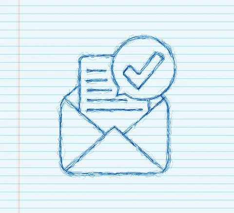 Opened envelope and document with green check mark. sketch icon. Verification Stock Illustration