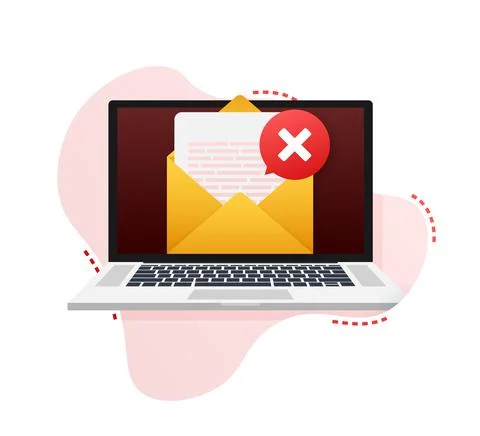 Opened envelope and document with red cross mark. Verification email. Vector Stock Illustration