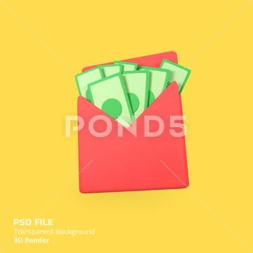 Opened envelope with green banknotes isolated 3d render icon illustration PSD Template