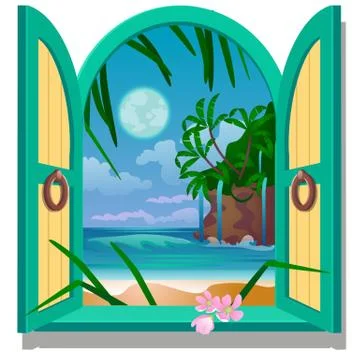 Opened frame window with a view of sandy beach of the sea coast by moonlight Stock Illustration