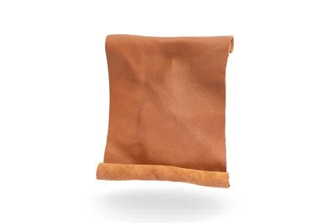 Opened genuine leather scroll levitating and isolated on white background, .. Stock Photos