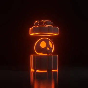 Opened gift box and cartoon skull with orange neon lights on black background Stock Illustration