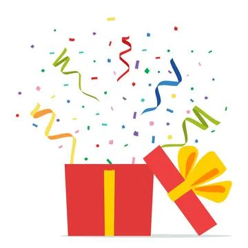 Opened Gift Box and Confetti. Illustrazione stock
