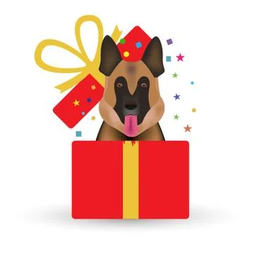 Opened gift box and dog - a symbol of the new 2018. isolated on white backgro Illustration