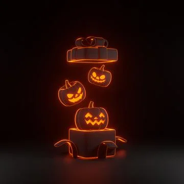 Opened gift box and Halloween pumpkins with neon lights on black background Stock Illustration