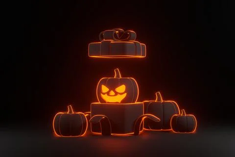 Opened gift box and Halloween pumpkins with neon lights on black background Illustrazione stock