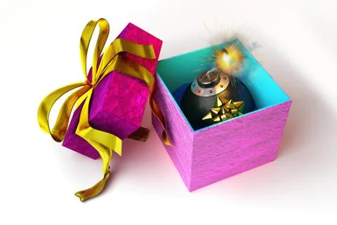 Opened gift box with bomb inside, on white surface. Stock Illustration