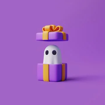 Opened gift box with cartoon ghost on purple background. Happy Halloween Stock Illustration