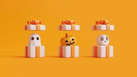 Opened gift box with cartoon skull, ghost and Jack-o-Lantern pumpkin Stock Illustration