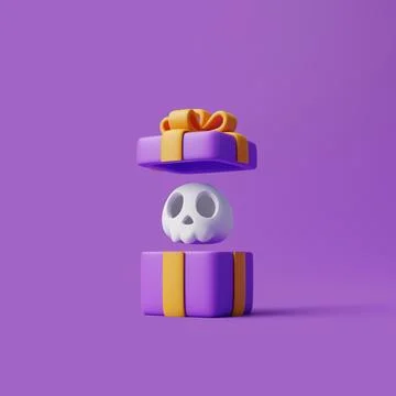 Opened gift box with cartoon skull on purple background. Happy Halloween Stock Illustration