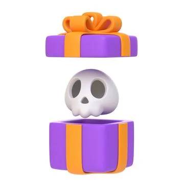 Opened gift box with cartoon skull isolated on white background 3D Stock Illustration