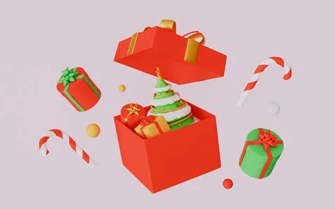Opened gift box with Christmas tree and Christmas theme elements Stock Illustration