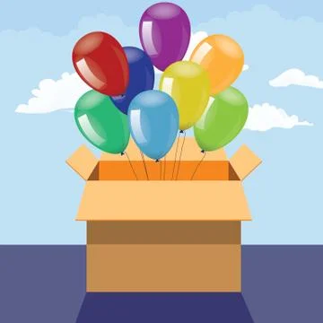 Opened Gift box with color balloons with front view. Vector illustration. Stock Illustration