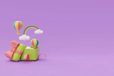 Opened gift box with colorful hot air ballon and rainbow floating on purple b Stock Illustration