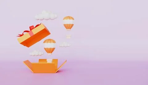 Opened gift box with colorful hot air balloon and cloud floating, Summer Stock Illustration