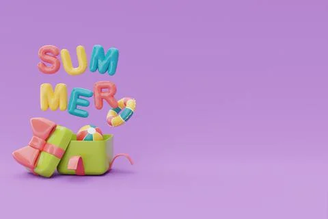 Opened gift box with colorful inflatable ring and colorful balloon text of su Stock Illustration