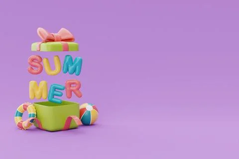 Opened gift box with colorful inflatable ring and colorful balloon text of su Stock Illustration