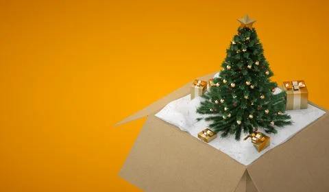Opened gift box full of a Christmas Tree and Snow, Christmas Tree inside a .. Stock Photos