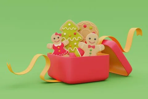 Opened gift box full of Gingerbread and candy. Merry Christmas and Happy New  Stock Illustration