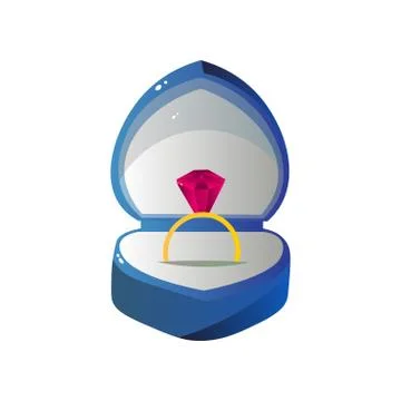 Opened Gift Box with Golden Ruby Ring, Blue Heart Shaped Jewelry Case Vector 库存插图