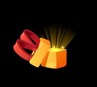 Opened gift box, magic light inside, vector illustration for game design Illustrazione stock