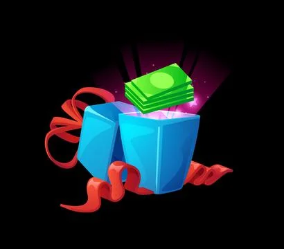 Opened gift box, money inside, vector illustration for game design Illustrazione stock