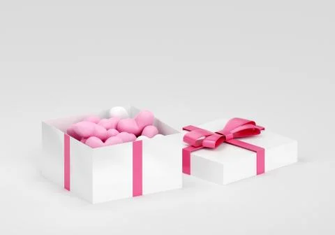 Opened gift box with pink heart gummies, 3d render Stock Illustration