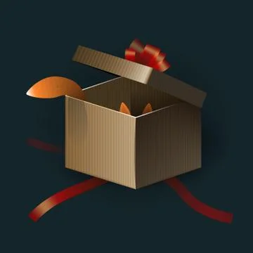 Opened gift box with red strips and something cute inside. Vector illustration Illustrazione stock