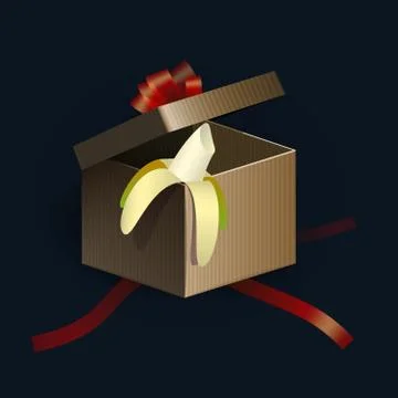 Opened gift box with red strips and banana inside. Vector illustration Illustrazione stock