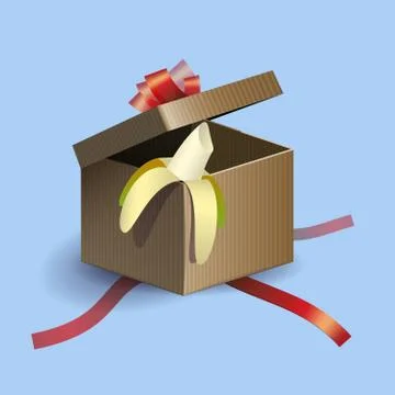 Opened gift box with red strips and banana inside. Vector illustration Stock Illustration