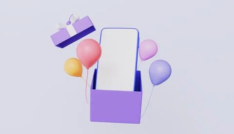 Opened gift box with ribbons flying with helium balloons, present and online Stock Illustration