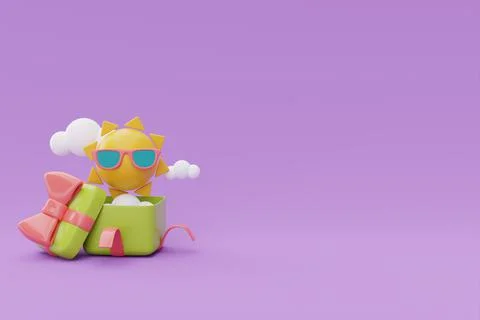 Opened gift box, sun with sunglasses and clouds floating on purple background Stock Illustration