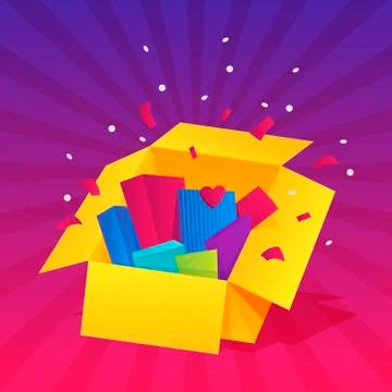 Opened gift box, surprise, celebration event, surprising gift boxes. Give pre 库存插图