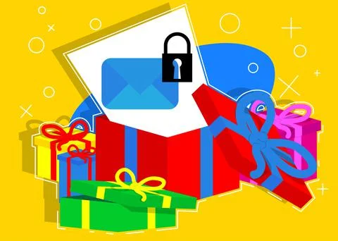 Opened gift box with white paper Sending encrypted E-Mail protection blue sec Stock Illustration