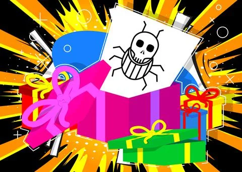 Opened gift box with white paper and Computer virus sign. Christmas, New Year Illustrazione stock