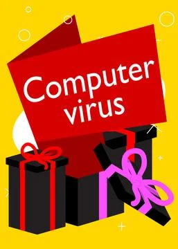 Opened gift box with white paper and Computer virus text. Christmas, New Year Stock Illustration
