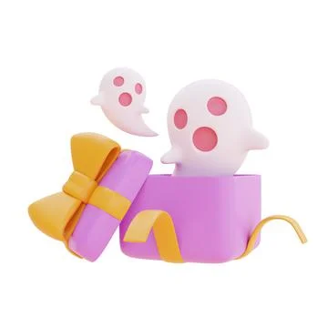 Opened gift boxes with Halloween cute ghost isolated on white background, tra Stock Photos