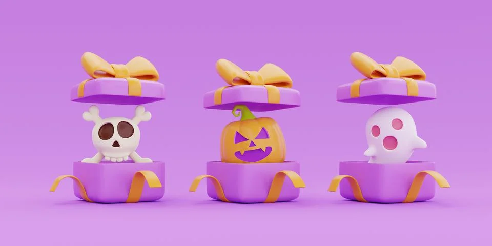 Opened gift boxes with Halloween Jack-o-Lantern pumpkins, ghost, skull and bo Stock Illustration