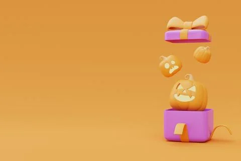 Opened gift boxes with Halloween Jack-o-Lantern pumpkins on yellow background Stock Illustration