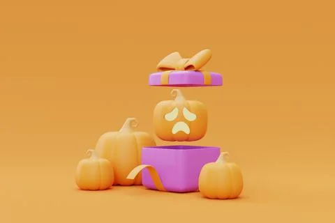 Opened gift boxes with Halloween Jack-o-Lantern pumpkins on yellow background Stock Illustration