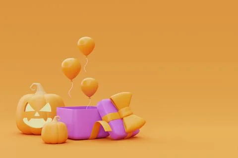 Opened gift boxes with Halloween Jack-o-Lantern pumpkins and balloon on yello Stock Illustration