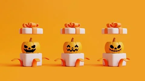 Opened gift boxes with Halloween Jack-o-Lantern pumpkins on orange background Stock Illustration