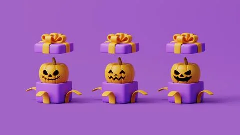 Opened gift boxes with Halloween Jack-o-Lantern pumpkins on purple background Illustrazione stock