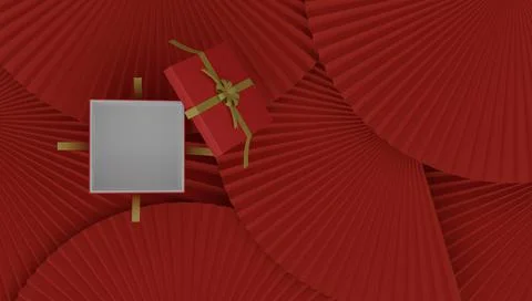 Opened giftbox on paper fan background, 3D render illustration, Chinese or Ja Ilustración de archivo
