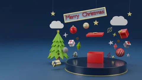 Opened giftbox on podium, 3D render illustration, Christmas concept Stock Illustration