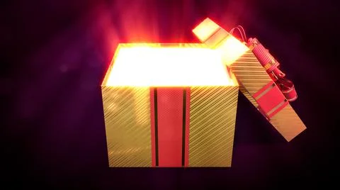 Opened gold and red gift with light from inside - object 3D rendering Stock Illustration