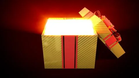 Opened gold and red gift with light from inside - object 3D illustration Stock Illustration