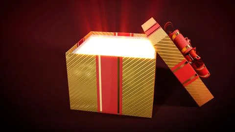 Opened gold and red present with light from inside - object 3D illustration Stock Illustration